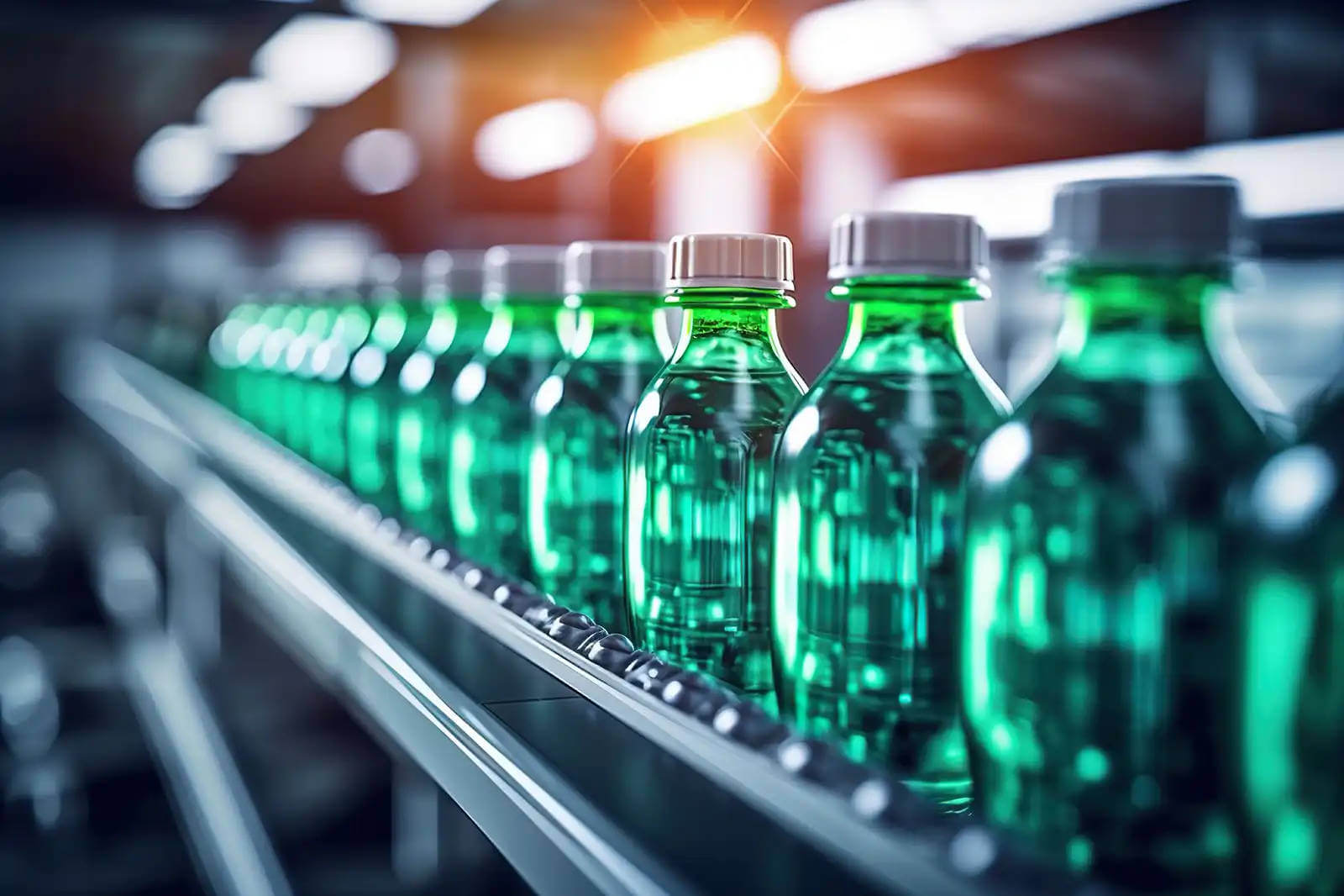 Zöld palackos italok haladnak végig a gyártósoron.